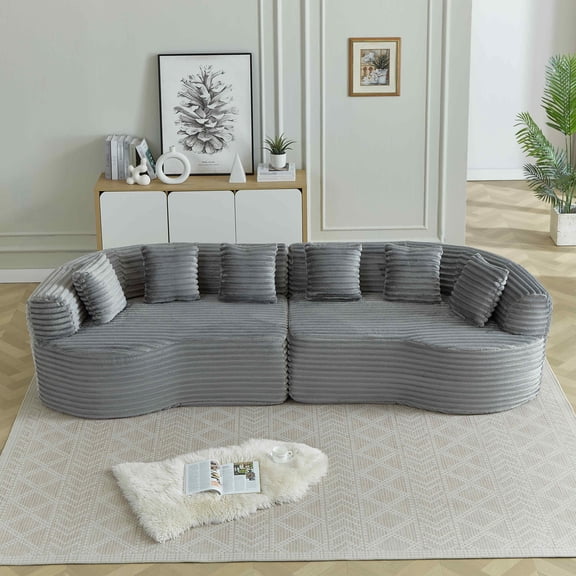 Timbernest 111.5" Curved Sectional Sofa, Oversized Boneless Cloud Couch, Corduroy 4-Seater Floor Sofa for Playing Living Room, Gray