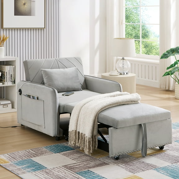 Timbernest 3-in-1 Convertible Sleeper Chair Bed with USB, Indoor Lounge Chair for Living Room, Gray Velvet