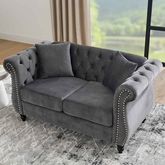 Timbernest 58.8" Chesterfield Sofa, Velvet Loveseat for Living Room, 2 Seater Tufted Couch with Rolled Arms and Nailhead, Gray