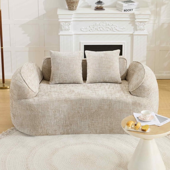 Timbernest 66" Chenille Curved Sofa, Boneless 2 Seater Cloud Sofa for Small Spaces, Light Khaki