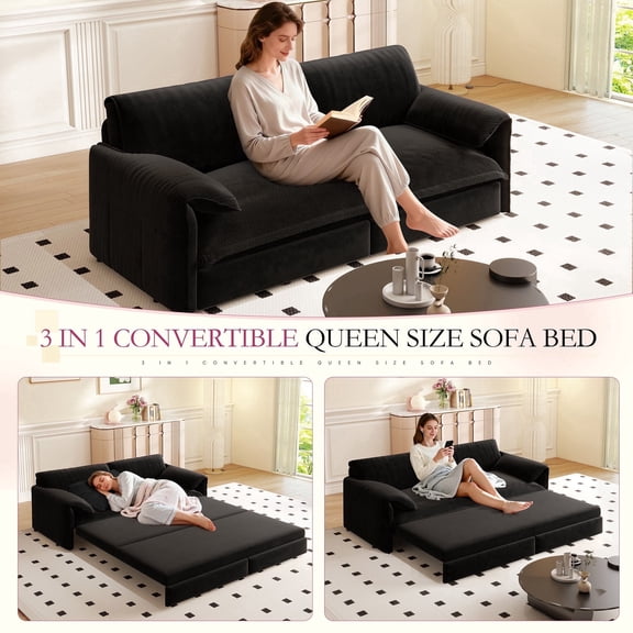 Timbernest 66" Futon Sofa Bed, 3 in 1 Convertible Sleeper Sofa Queen Size with Side Storage, Velvet Pull Out Sofa Bed, Black