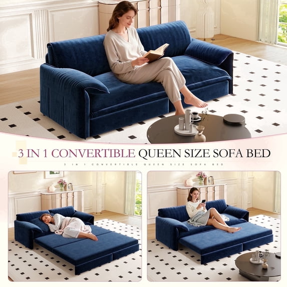 Timbernest 66" Futon Sofa Bed, 3 in 1 Convertible Sleeper Sofa Queen Size with Side Storage, Velvet Pull Out Sofa Bed, Blue