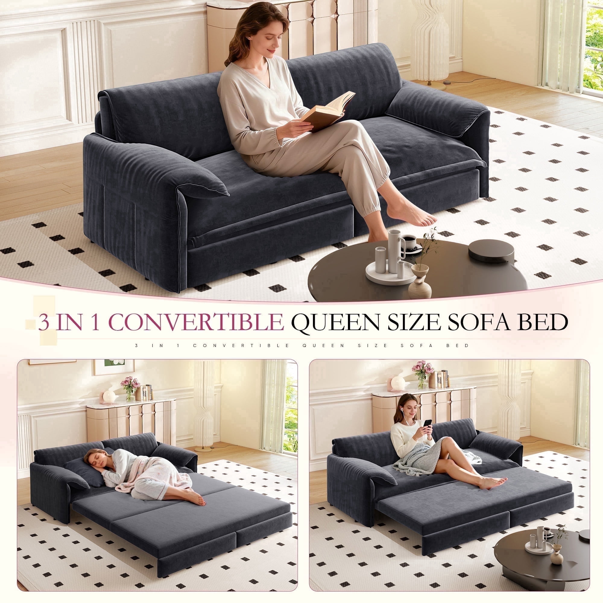 Timbernest 66" Futon Sofa Bed, 3 in 1 Convertible Sleeper Sofa Queen Size with Side Storage, Velvet Pull Out Sofa Bed, Gray