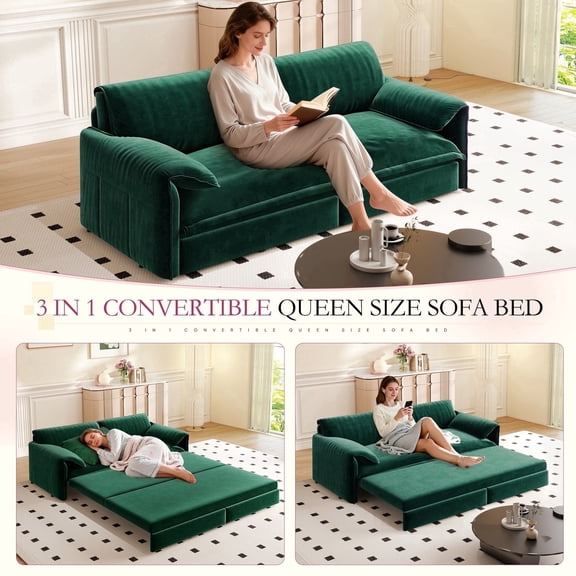 Timbernest 66" Futon Sofa Bed, 3 in 1 Convertible Sleeper Sofa Queen Size with Side Storage, Velvet Pull Out Sofa Bed, Green