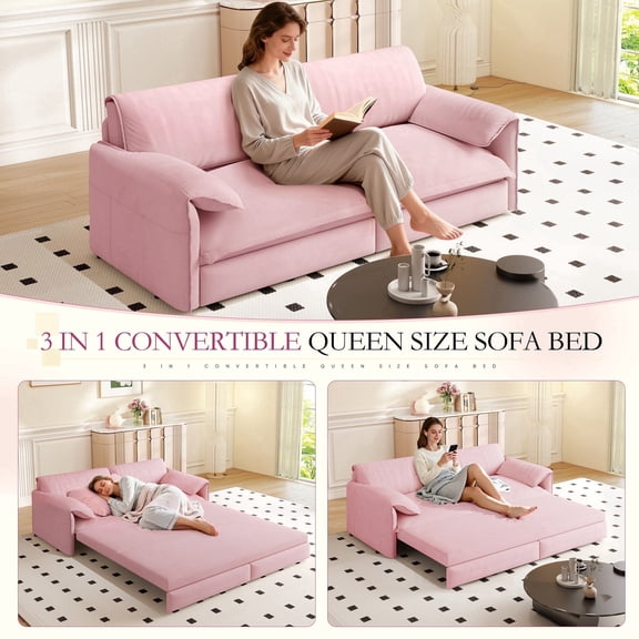 Timbernest 66" Futon Sofa Bed, 3 in 1 Convertible Sleeper Sofa Queen Size with Side Storage, Velvet Pull Out Sofa Bed, Pink