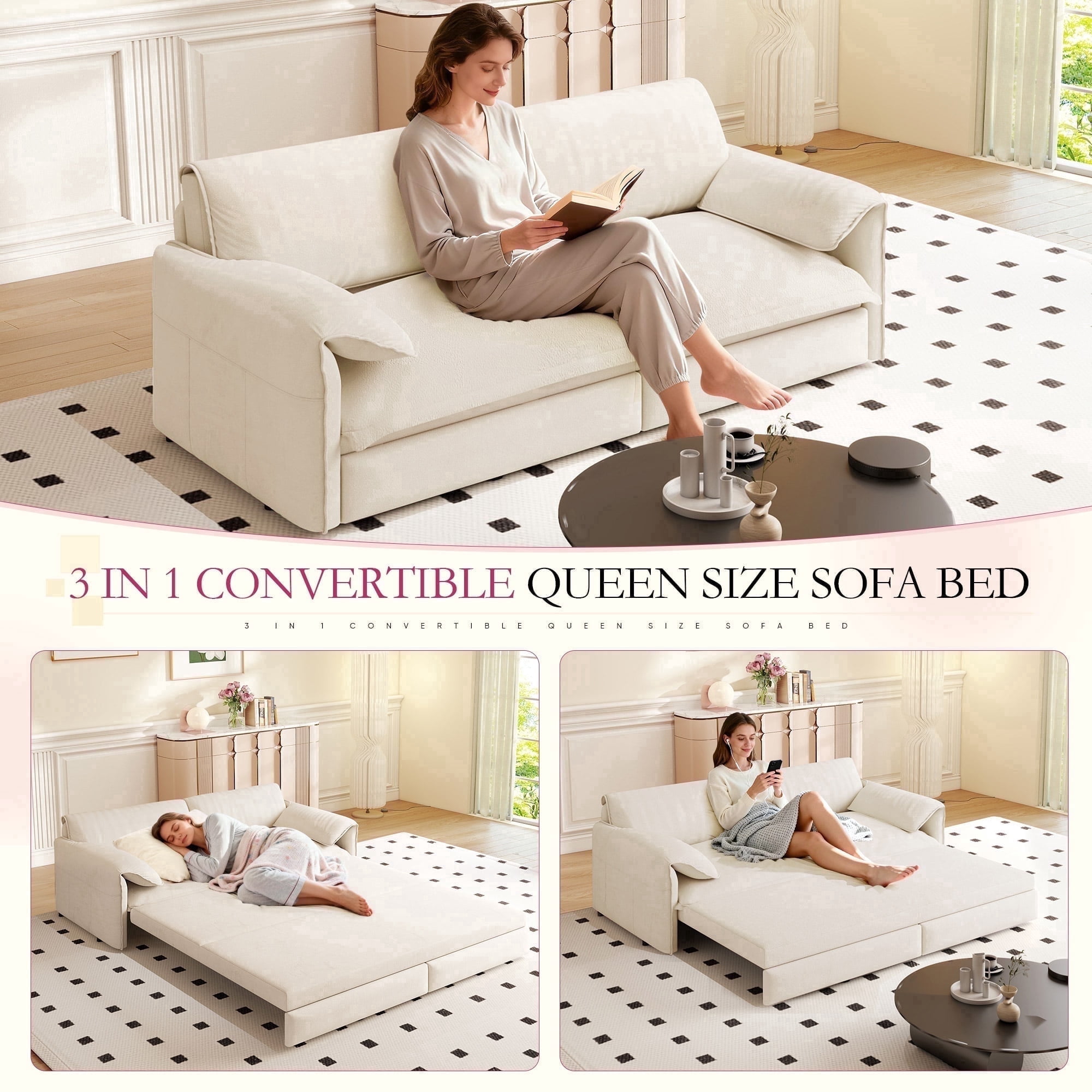 Timbernest 66" Queen Pull Out Sofa Bed, 3-in-1 Convertible Sleeper Sofa with Side Storage, Velvet Loveseat Couch for Living Room, Beige