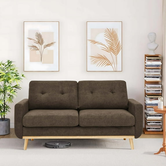 Timbernest 67.7" Loveseat Sofa, Mid-Century Loveseat Couch with Wooden Legs, Brown Tufted Upholstery