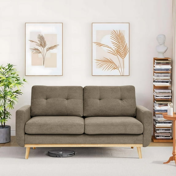Timbernest 67.7" Loveseat Sofa, Mid-Century Loveseat Couch with Wooden Legs, Khaki Tufted Upholstery