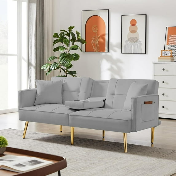 Timbernest 69" Convertible Loveseat Sleeper with Cup Holder, Tufted Futon Sofa Bed for Living Room, Gray Velvet