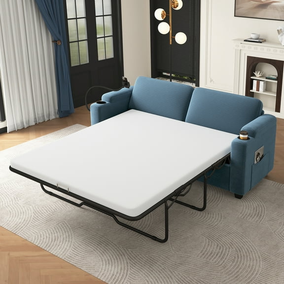 Timbernest 72.8" Convertible Sofa Bed, 2 in 1 Full Sleeper Sofa, Modern Corduroy Pull Out Couch Bed with USB Ports, Cup Holders, Side Pockets, Phone Stand, Navy Blue