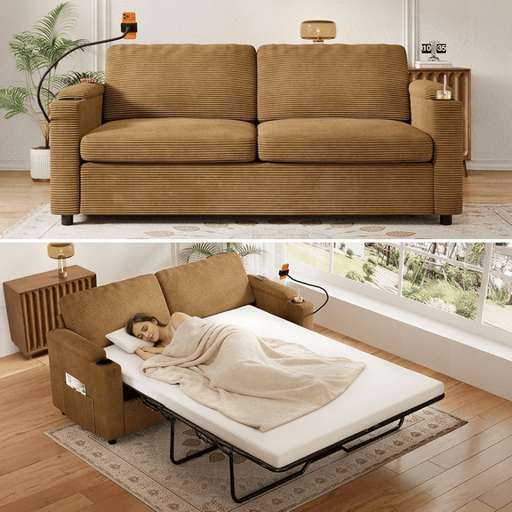 Timbernest 72.8" Convertible Sofa Bed, 2 in 1 Full Sleeper Sofa, Modern Corduroy Pull Out Couch Bed with USB Ports, Cup Holders, Side Pockets, Phone Stand, Brown