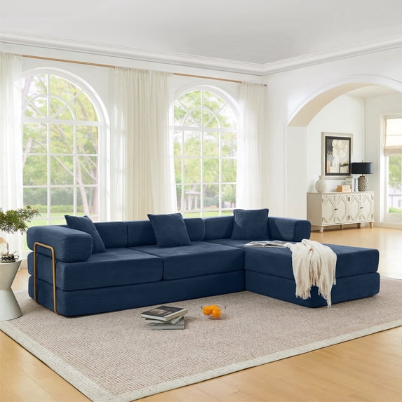 Timbernest 108" Modular Sectional Sofa with L-Shape Chaise, Oversized Cloud Couch, Convertible Sleeper Sofa, Folding Corduroy Sofa Bed for Living Room, Blue