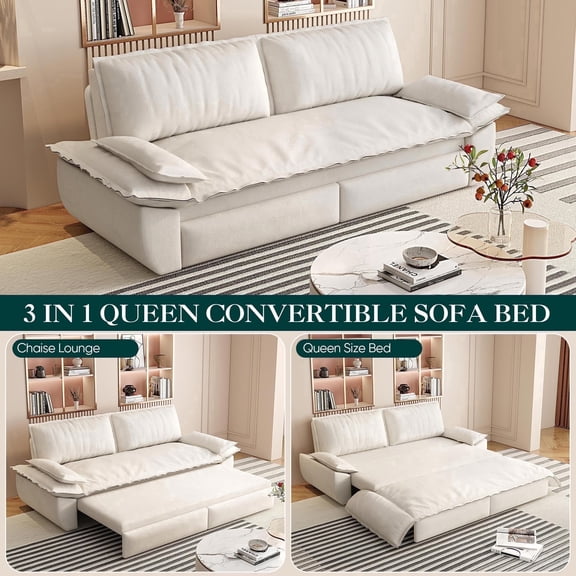 Timbernest 73.2" Pull Out Sofa Bed, 3 in 1 Convertible Sleeper Sofa Queen, Velvet Loveseat Couch Bed, Beige