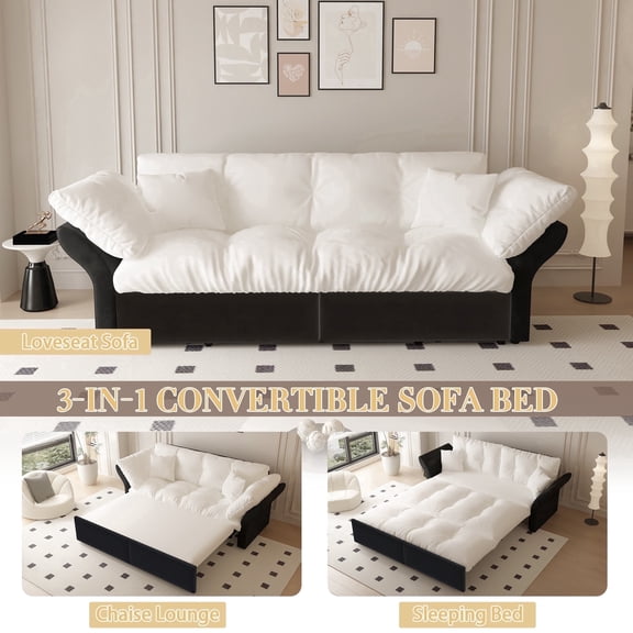 Timbernest 74.8" Queen Pull Out Sofa Bed, 3-in-1 Convertible Sleeper Tufted Sofa with 2 Soft Pillows, Multi-Functional Velvet Loveseat Bed, Beige Black