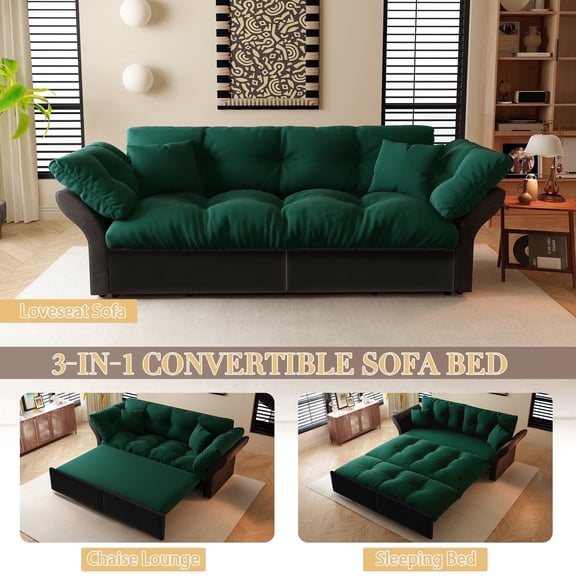 Timbernest 74.8" Queen Pull Out Sofa Bed, 3-in-1 Convertible Sleeper Tufted Sofa with 2 Soft Pillows, Multi-Functional Velvet Loveseat Bed, Green Black
