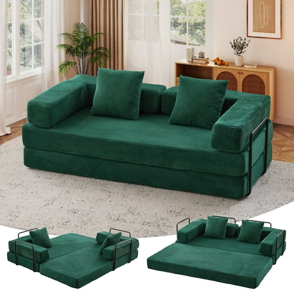 Timbernest 76.8" Convertible Sofa Bed King Size, Corduroy Boneless Sofa with 2 Pillows, Sleeper Sofa Bed, Removable Floor Couch, Dark Green