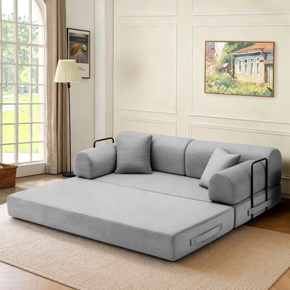 Timbernest 78.7" Convertible Sleeper Sofa Bed, Corduroy Boneless Sofa with 2 Pillows, Floor Sofa Lounge Couch for Living Room, Light Gray
