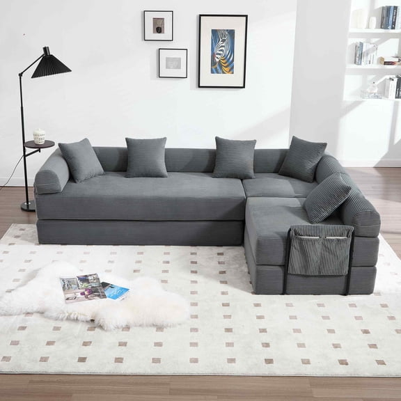 Timbernest 106" Oversized L-Shaped Cloud Couch, Convertible Sleeper Sofa, Folding Corduroy Sofa Bed for Living Room, Gray