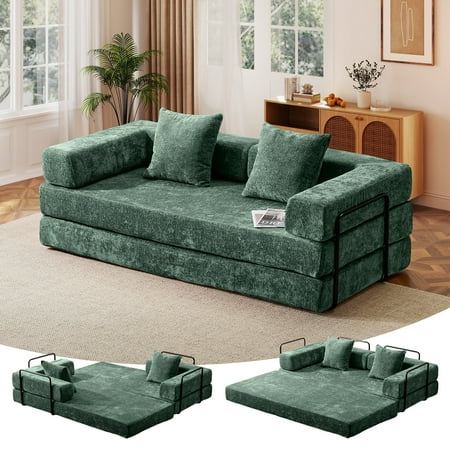 Timbernest 76.8" Folding Sofa Bed, King Size Convertible Sleeper Sofa with 2 Pillows, Chenille Floor Sofa for Living Room, Small Spaces, Dark Green