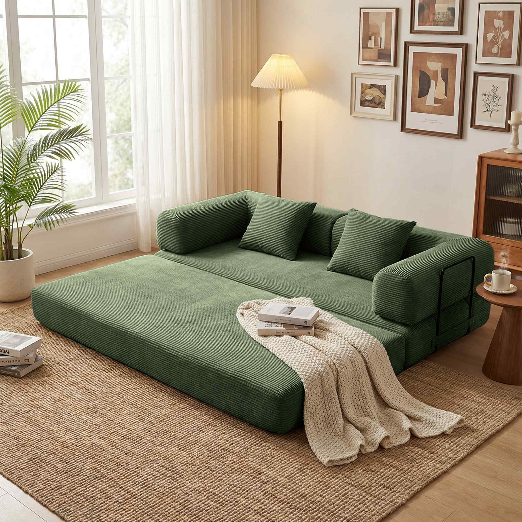 Timbernest 78.7" Convertible Sofa Bed, Foldable Futon Corduroy Sleeper Sofa for Small Apartments, Guest Room, Dorm, Army Green