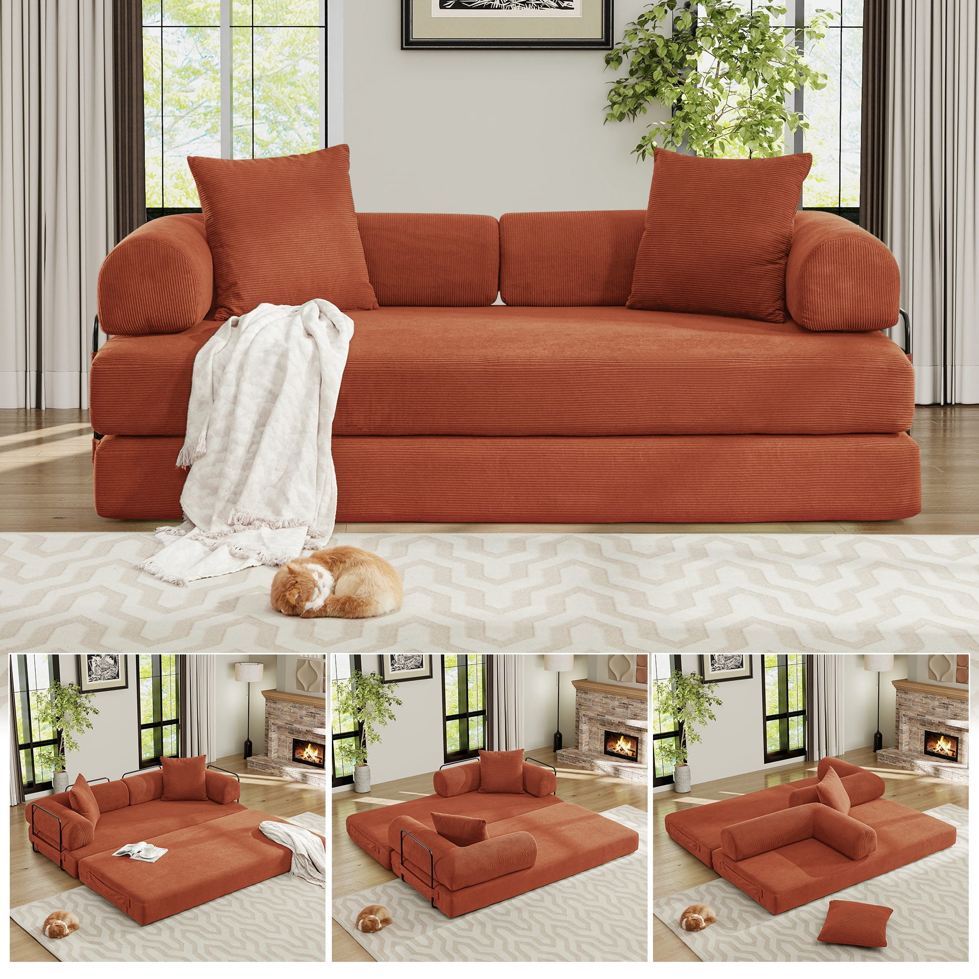 Timbernest 78.5" King Size Sofa Bed, 4 in 1 Convertible Sofa bed, Corduroy Boneless Floor Sleeper Sofa, Orange