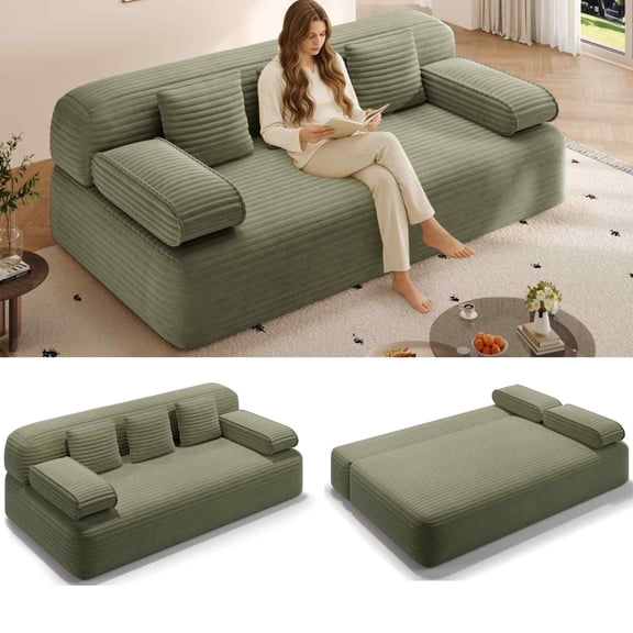 Timbernest 78.7" Sleeper Sofa, 2-in-1 Convertible Sofa Bed, 3-Seater Corduroy Cloud Couch with 3 Pillows for Small Spaces, Apartments and Bedrooms, Green