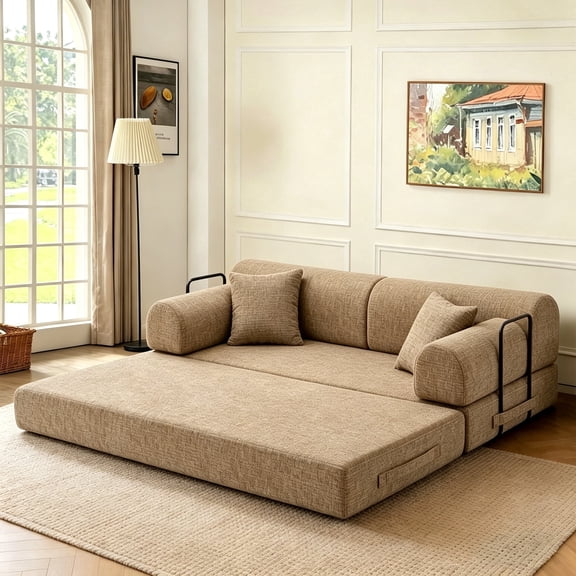 Timbernest 78.7" Convertible Sleeper Sofa Bed, Boucle Boneless Sofa with 2 Pillows, Floor Sofa Lounge Couch for Living Room, Ochre