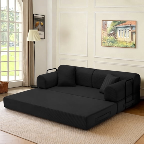 Timbernest 78.7" Convertible Sleeper Sofa Bed, Corduroy Boneless Sofa with 2 Pillows, Floor Sofa Lounge Couch for Living Room, Black