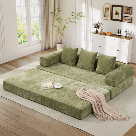 Timbernest 78.8" King Size Convertible Sleeper Sofa Bed, Folding Mattress Couch, Chenille Floor Sofa with 3 Pillows and 2 Small Armrest Pockets, Green
