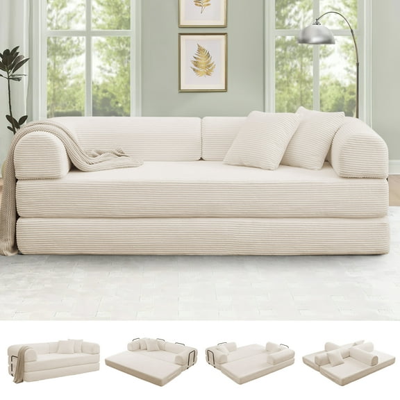 Timbernest 78" Convertible Sofa Bed, Folding Sleeper Sofa with 2 Pillows, 3-Seat Floor Sofa for Living Room, Zero Assembly, Beige