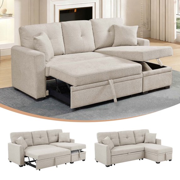 Timbernest 76.5" Pull Out Sofa Bed, Convertible L Shaped Sectional Sleeper Sofa with Chaise Storage, Almond Linen Blend
