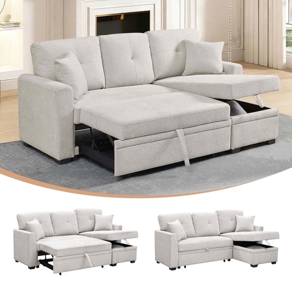 Timbernest 76.5" Pull Out Sofa Bed, Convertible L Shaped Sectional Sleeper Sofa with Chaise Storage, Beige Chenille