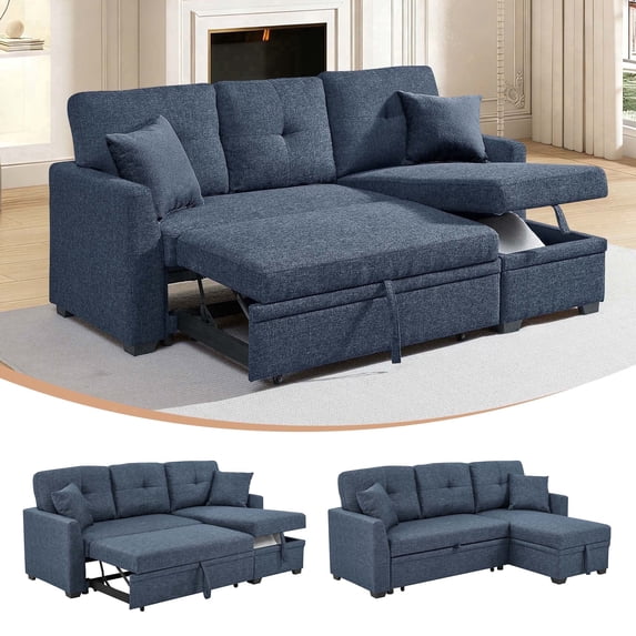 Timbernest 76.5" Pull Out Sofa Bed, Convertible L Shaped Sectional Sleeper Sofa with Chaise Storage, Dark Blue Linen Blend