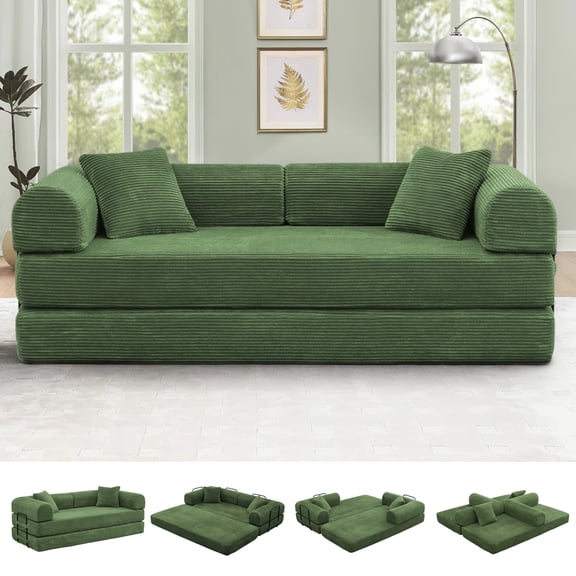 Timbernest 78" Sofa Bed, Convertible Sleeper Sofa with 2 Pillows, 3-Seat Floor Sofa for Living Room, No Assembly Sofa Cama, Olive Green