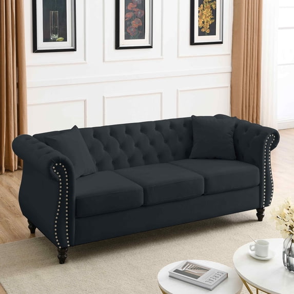 Timbernest 80" Chesterfield Sofa, Velvet 3 Seater Tufted Couch with Rolled Arms and Nailhead for Living Room, Black