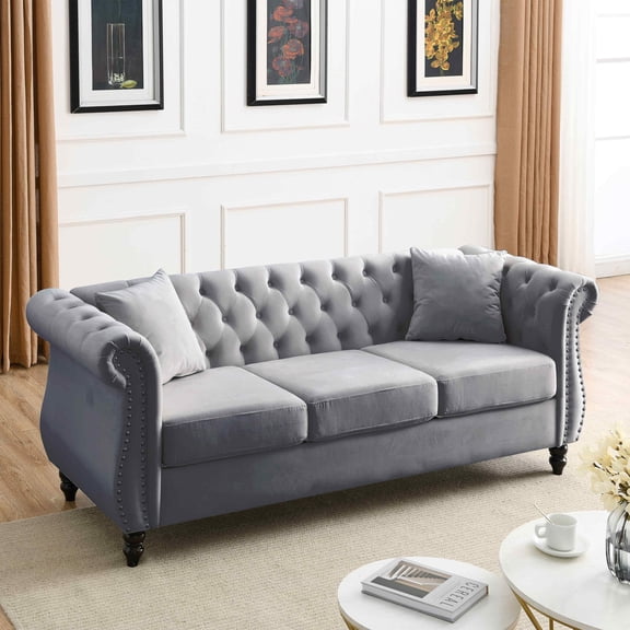 Timbernest 80" Chesterfield Sofa, Velvet 3 Seater Tufted Couch with Rolled Arms and Nailhead for Living Room, Gray