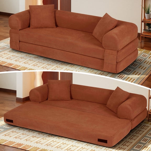Timbernest 80" Convertible Sofa Bed, Corduroy Sleeper Couch with Storage Pockets for Living Room, Orange