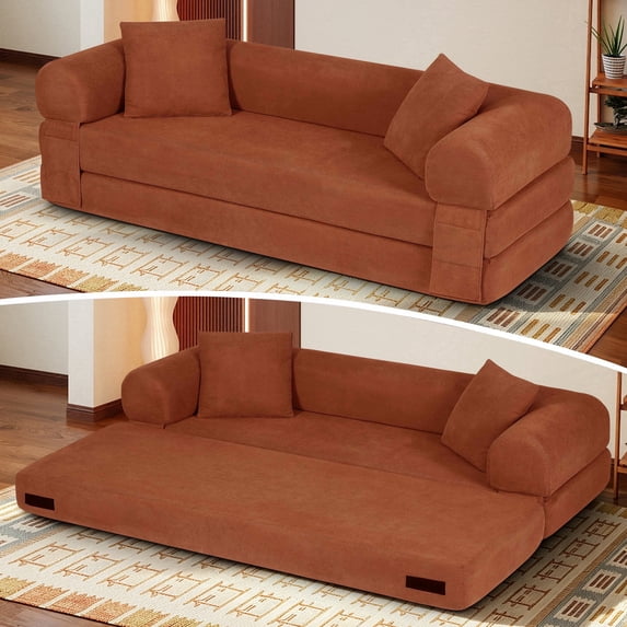 Timbernest 80" Convertible Sofa Bed, Corduroy Sleeper Couch with Storage Pockets for Living Room, Orange
