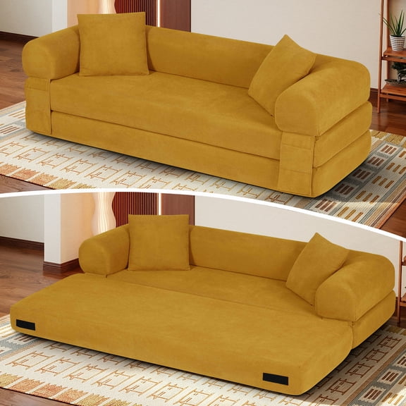 Timbernest 80" Convertible Sofa Bed, Corduroy Sleeper Couch with Storage Pockets for Living Room, Yellow