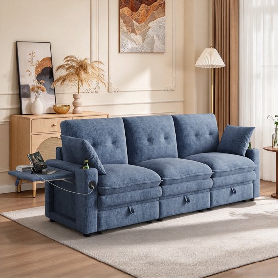 Timbernest 89" Cloud Sectional Sofa with Storage and Charging Ports, Chenille Couch for Living Room, 3-Seat, Blue