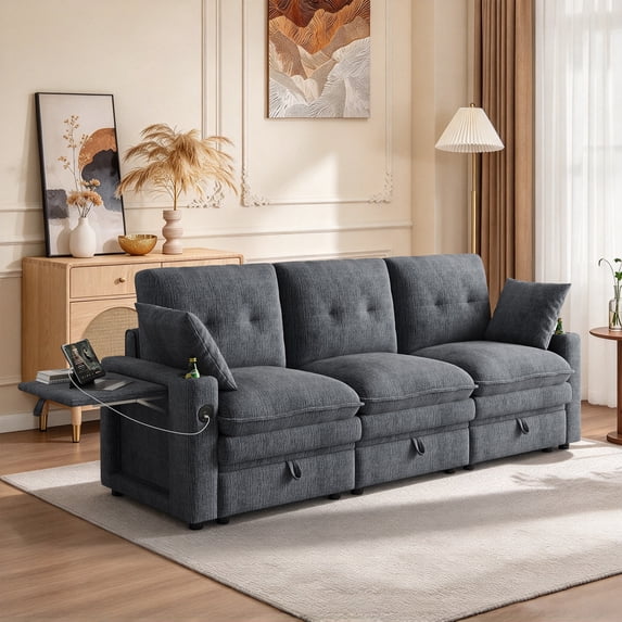 Timbernest 89" Cloud Sectional Sofa with Storage and Charging Ports, Chenille Couch for Living Room, 3-Seat, Dark Gray