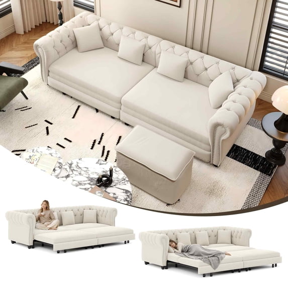 Timbernest 89" Pull Out Sofa Bed King Size, 3 in 1 Convertible Sleeper Sofa, Velvet Chaise Lounge, Tufted 3-Seater Chesterfield Sofa with Movable Ottoman and Rolled Arm, Beige