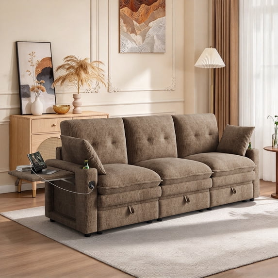 Timbernest 89" Sectional Sofa for Living Room, 3 Seater Chenille Cloud Couch with Storage, USB Ports, Coffee
