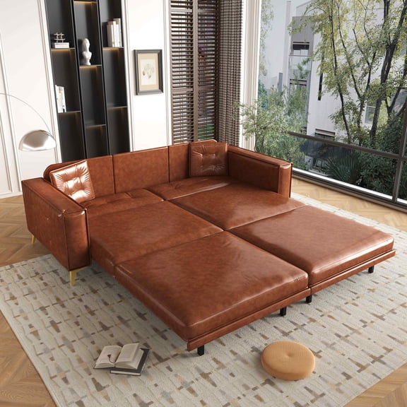 Timbernest 92.1" Sleeper Sofa King Size, 3 in 1 Convertible Sofa Bed, Faux Leather Oversized 4 Seater Couch with Pull Out Bed for Living Room, Tufted Design, Light Brown
