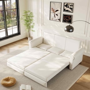 Timbernest 93.7" King Pull Out Sofa Bed, 3 in 1 Convertible Sleeper Sofa, Chesterfield Leather Sofa for Living Room, Retro Cream