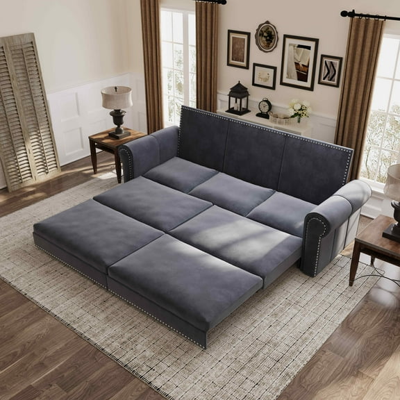 Timbernest 93.7" Sleeper Sofa King, Velvet Pull Out Sofa Bed, Convertible Chesterfield Sofa for Living Room, Nailhead Trim, Rolled Arm, Gray