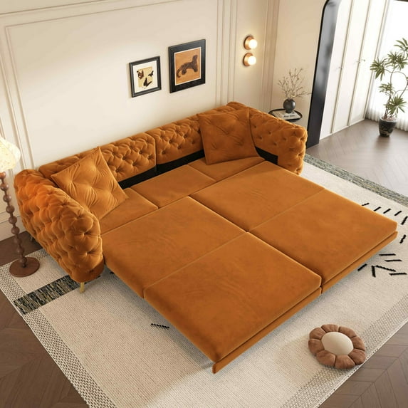 Timbernest 97.7" Pull Out Sofa Bed King Size, 3 in 1 Convertible Sleeper Sofa, Oversized 4 Seater Velvet Sofa with Movable Ottoman for Living Room, Button Tufted Design, Orange