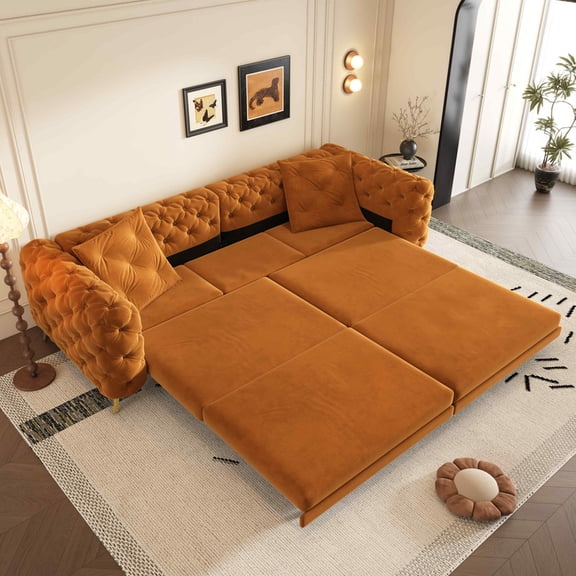 Timbernest 97.7" Pull Out Sofa Bed King Size, 3 in 1 Convertible Sleeper Sofa, Oversized 4 Seater Velvet Sofa with Movable Ottoman for Living Room, Button Tufted Design, Orange