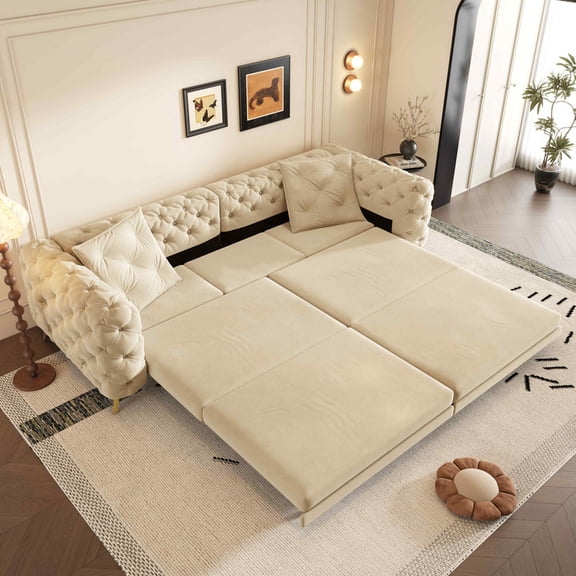 Timbernest 97.7" Pull Out Sofa Bed King Size, 3 in 1 Convertible Sleeper Sofa, Oversized 4 Seater Velvet Sofa with Movable Ottoman for Living Room, Button Tufted Design, Apricot
