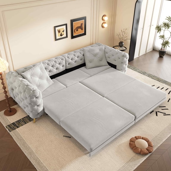 Timbernest 97.7" Pull Out Sofa Bed King Size, 3 in 1 Convertible Sleeper Sofa, Oversized 4 Seater Velvet Sofa with Movable Ottoman for Living Room, Button Tufted Design, Light Gray